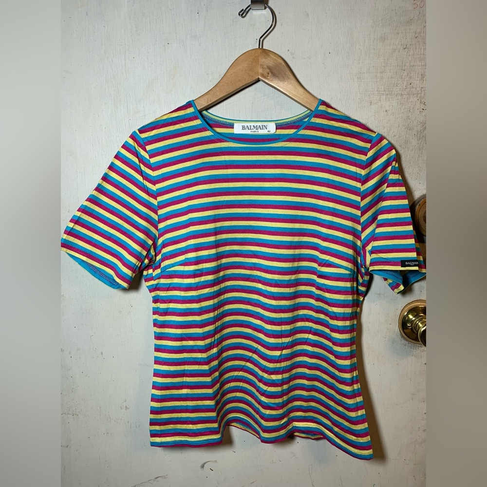 Balmain Paris Striped T-Shirt DS Size 42 blue pink yellow XS